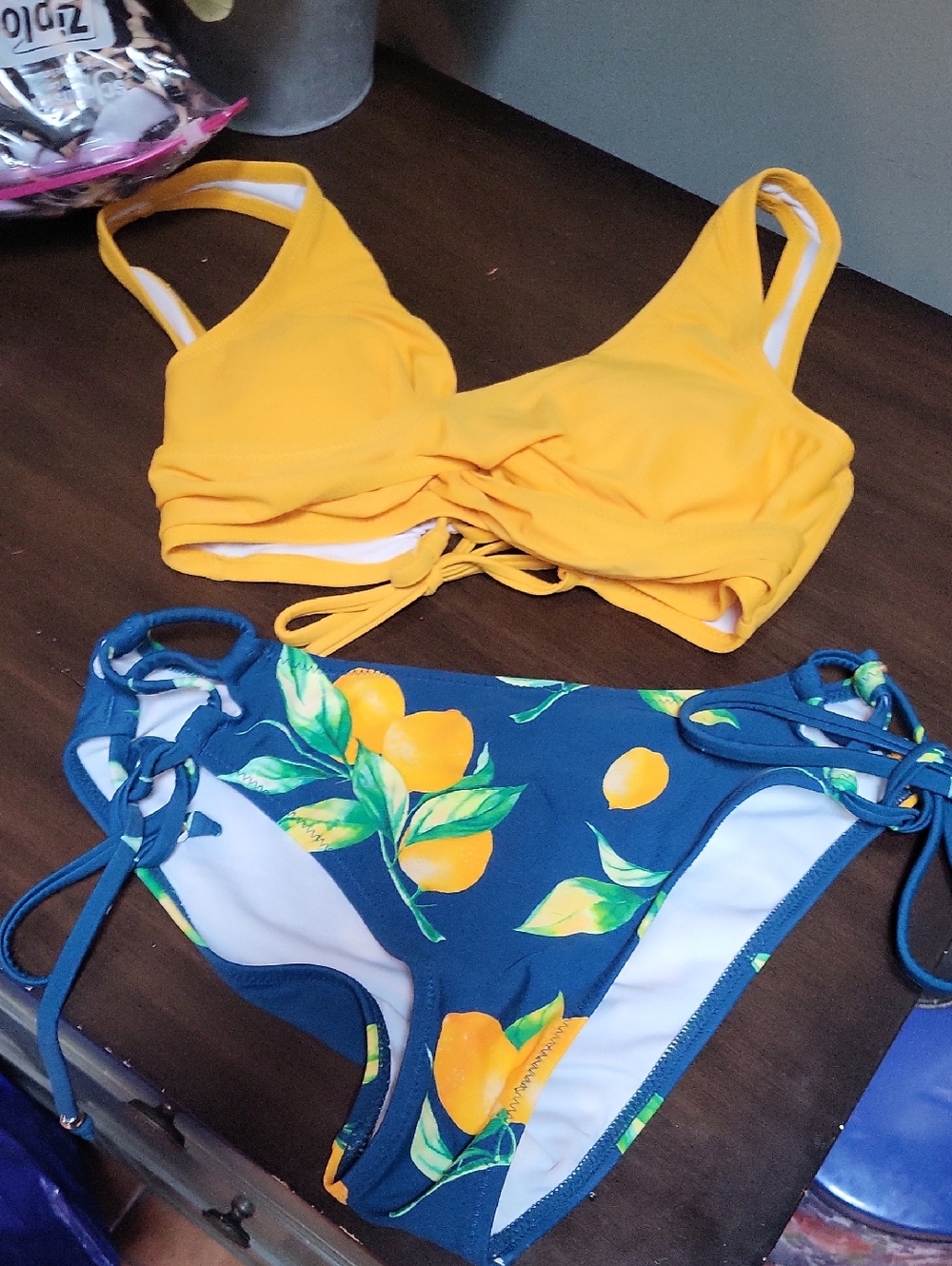 SHEIN Yellow Crop Bikini Top with Blue Lemon Print Tie-Side Bottom